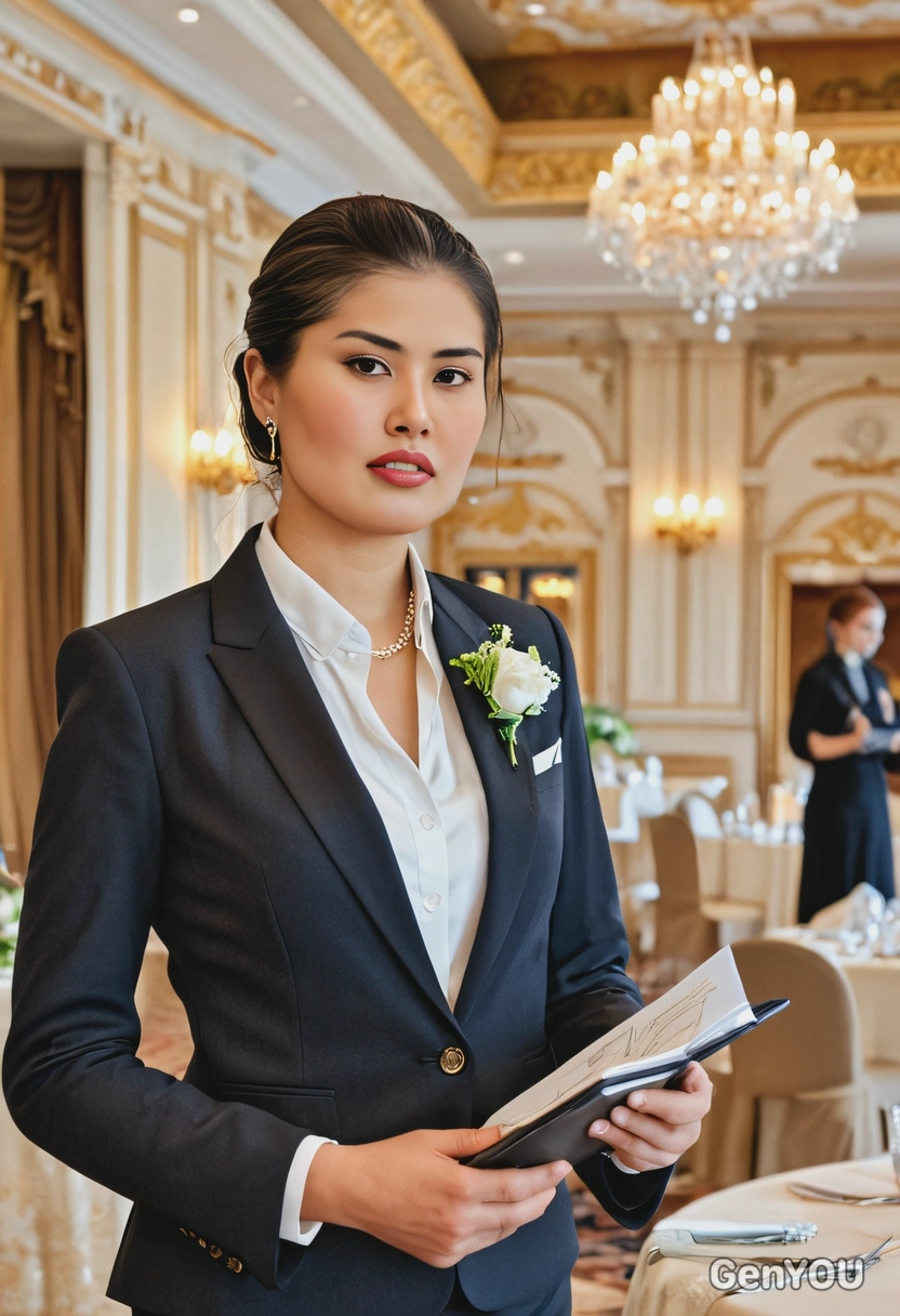 as an event planner in an elegant suit jacket, holding a notebook to her chest,  standing in a decorated banquet hall, coordinating the details of a large wedding, blurred background, afternoon light
