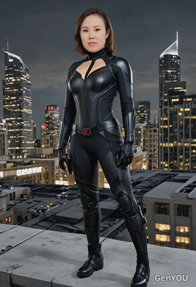 as Black Widow, in her sleek black tactical suit, standing on a city rooftop with the night skyline behind her, full body 