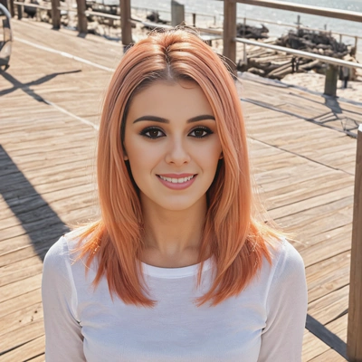 straight, mid-length hair dyed in soft coral with golden undertones, styled for a glossy finish, against a sunlit boardwalk background