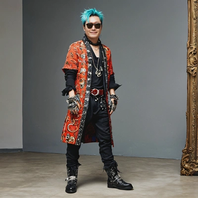 as G-Dragon from BigBang, in an eccentric high-fashion outfit with oversized accessories, posing in an avant-garde art gallery, full body 