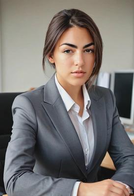 neat business suit, flight hair, serious look, sitting at the office desk, blurry office background, sharp high-quality, soft shadows