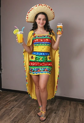 in a taco costume, full body image, at funky party room with twinkling lights and drinks