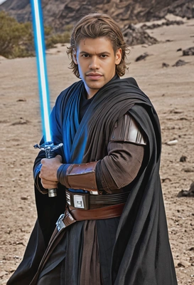 as Anakin Skywalker, with shoulder-length sandy hair, in the volcanic landscape of Mustafar, dressed in his dark Jedi attire with flowing robes and armor pieces, his lightsaber ignited with a fierce blue glow, his expression tormented 