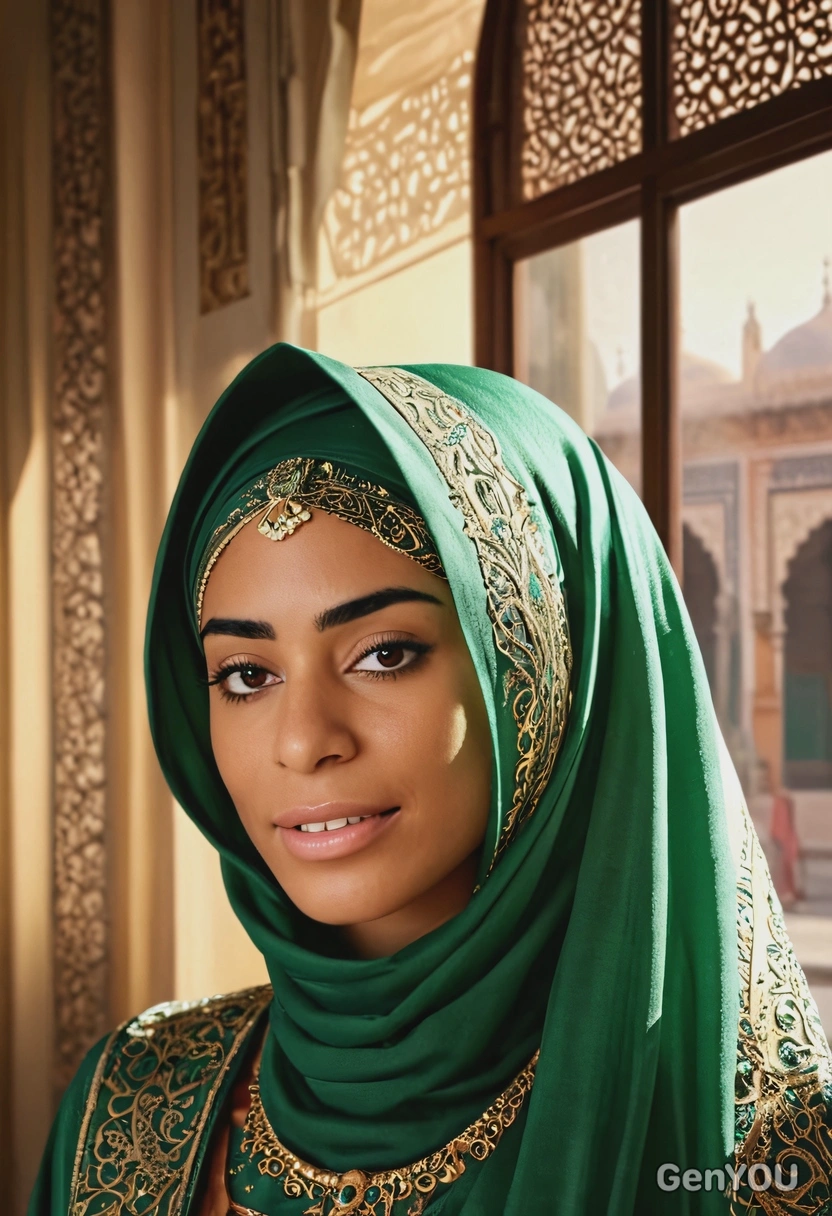 hyperealistic face skin texture details, elegant and powerful arabic harem concubine, wearing vibrant emerald clothing, elegant hijab fully covering hair, blurry  background, bright sun rays from the window, long shadows