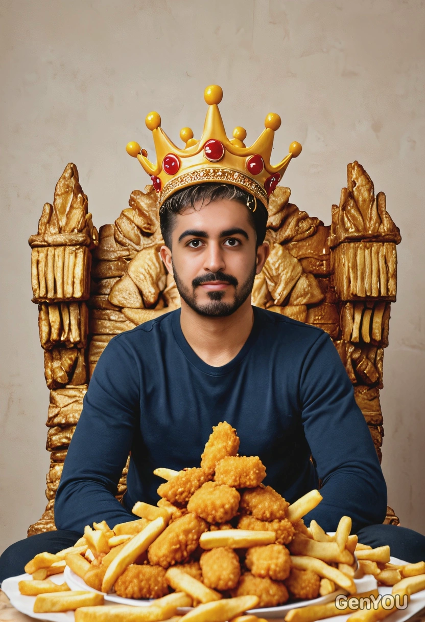 sitting on a throne made of chicken nuggets, wearing a crown of fries, blurred background, cinematographic style