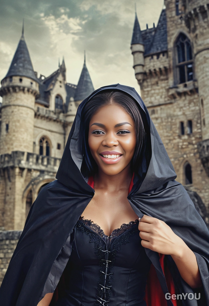 a mysterious vampire with a flowing cape and long sharp fangs, blurred background, paper castle