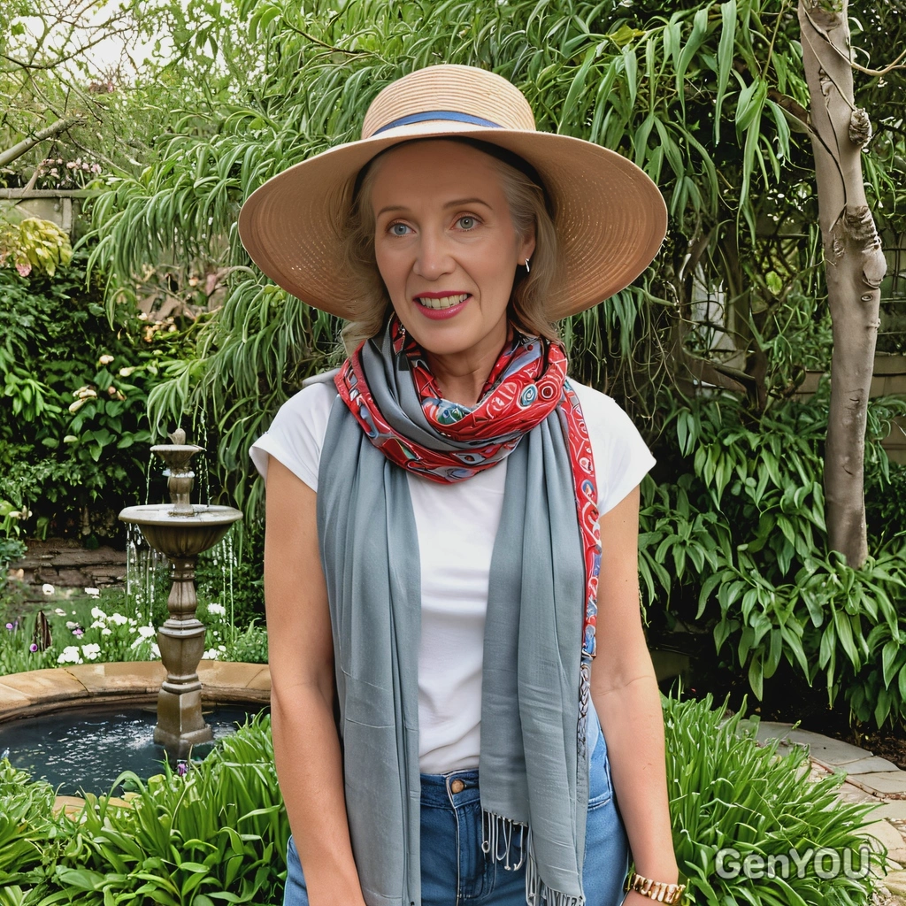 standing by a garden fountain, wearing a wide-brimmed hat and silk scarf