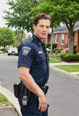 Police officer, patrolling a neighborhood street