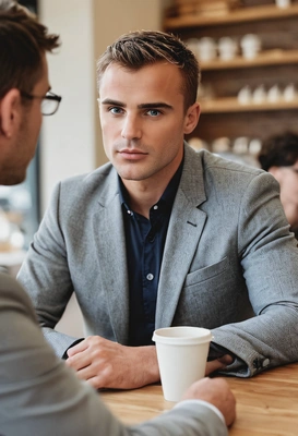 having a casual business meeting at a coffee shop, blazer, discussing ideas over coffee, blurred background