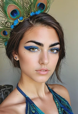 with a makeup look that mimics the patterns of peacock