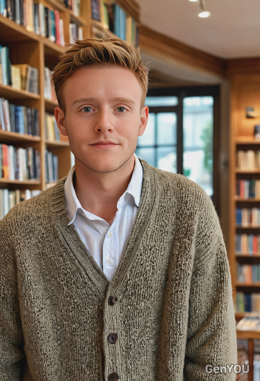 wearing a soft textured cardigan, against a backdrop of a cozy bookstore ,soft focus, blurred background, looking at viewer