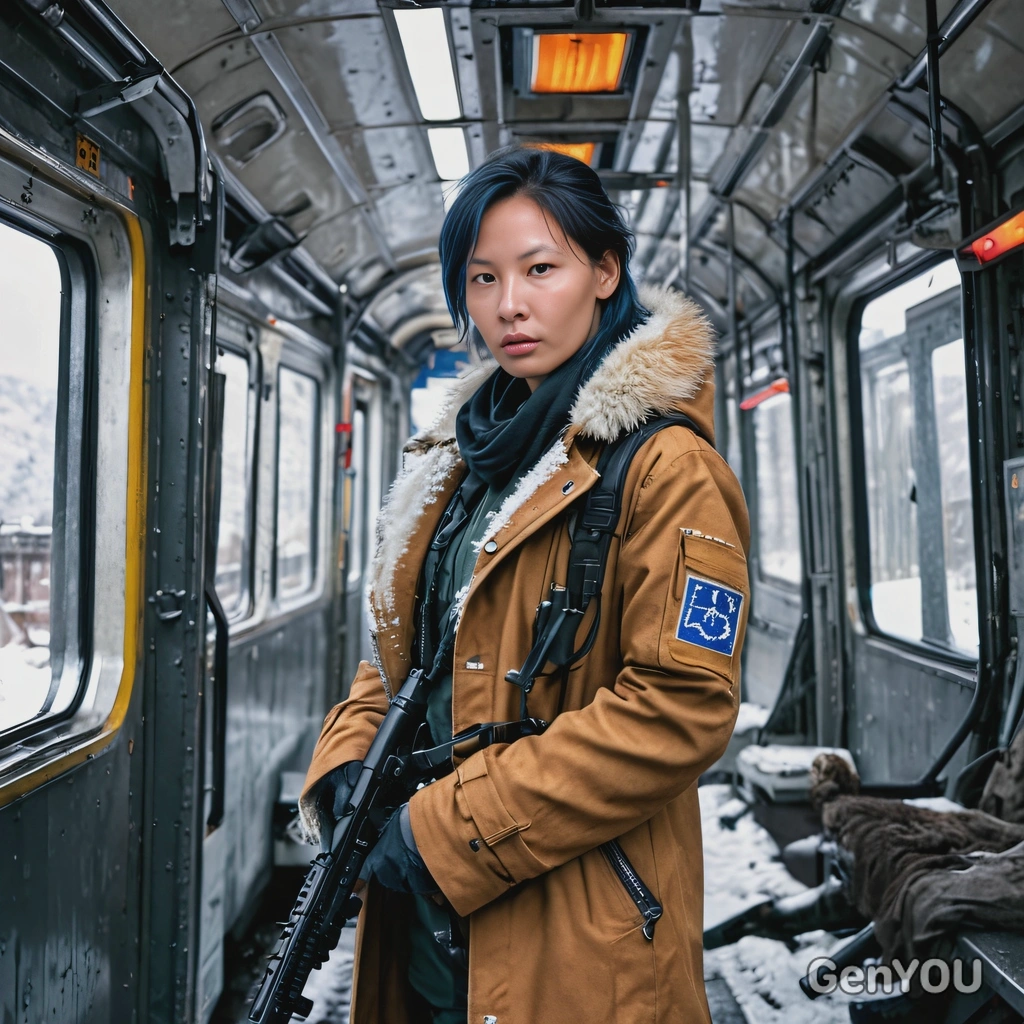 as a cosplayer of post-apocalyptic movie, cyberpunk, standing inside a train carriage, old dirty fur coat, rifle in hands, soldiers, mountains, snowy winter, dramatic combat scene, looking straight at camera, vivid colors, high-quality cinematographic style
