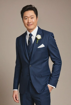 as the groom in a sharp, tailored suit with a modern twist