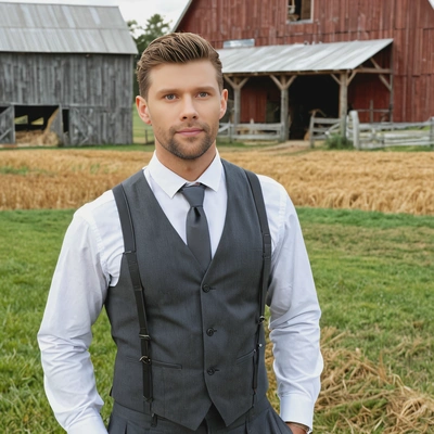 Cool professional groom in charcoal gray suit with suspenders, standing in a field with barn background