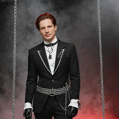 as Taemin from SHINee's Criminal, dressed in a sleek black and white suit with chains, standing in a dark, fog-filled room with red lighting