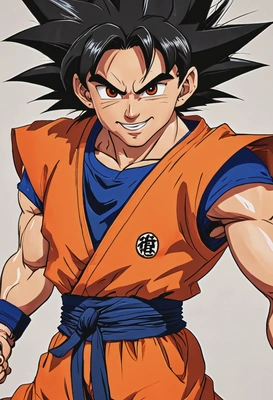 2D anime style, cel-shaded action, bold ink outlines, In Dragon Ball anime as Goku, confident grin, oversized anime eyes, spiky black hair, wearing his iconic orange gi, standing in a martial arts tournament arena, waist-up frame