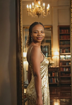 in a silk slip dress, in a candlelit library, her reflection visible in a gilded mirror. Blurred background, soft focus.