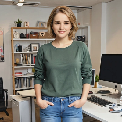 as a graphic designer in casual yet trendy clothing, standing in a creative workspace, half body