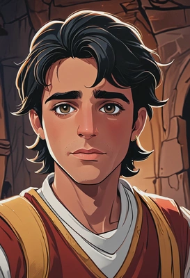 Hand-drawn flat cartoon style, Cassim from Aladdin and the King of Thieves, oversized cartoon eyes, treasure glow lighting, waist-up portrait, thieves' lair background