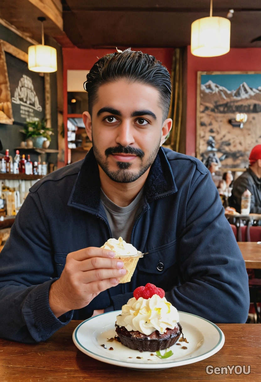eating a dessert at a cozy café, taken by surprise by this photo, twin peaks style