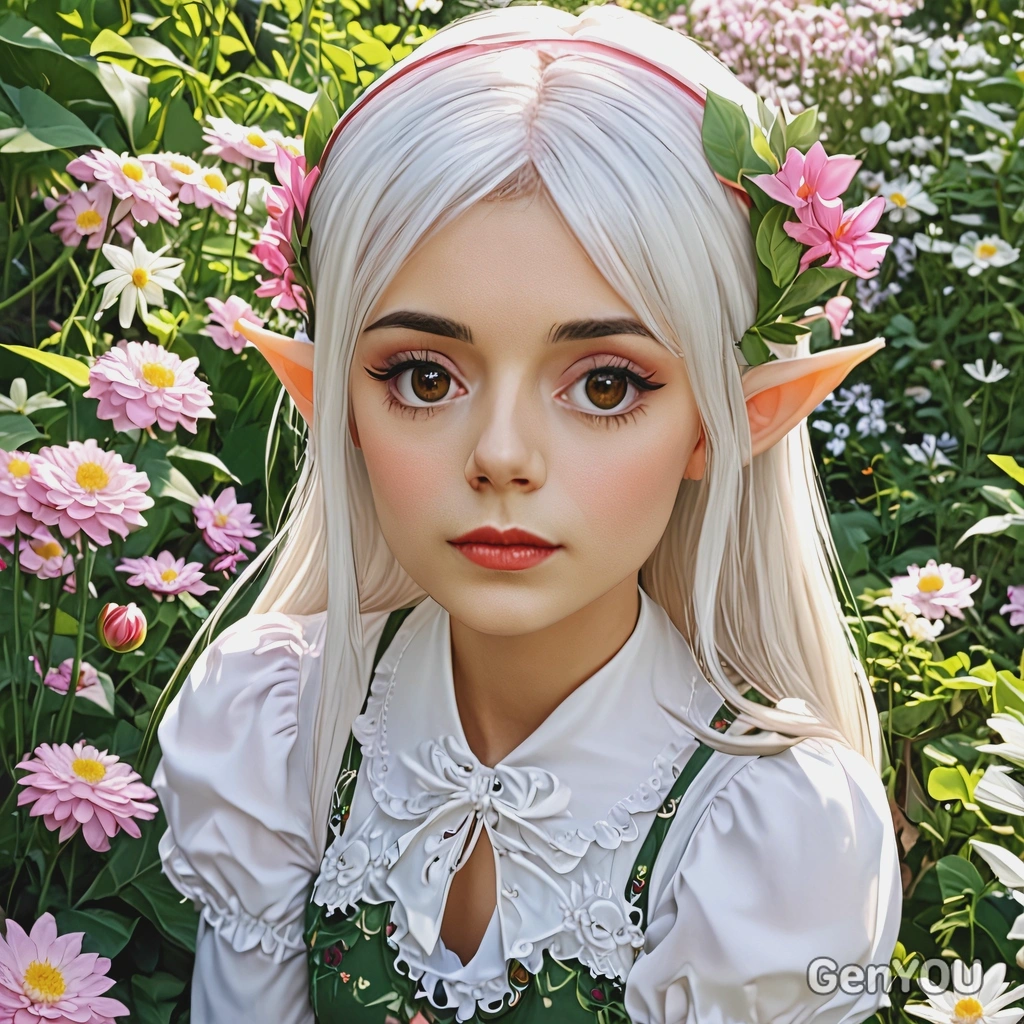 elf girl in a floral garden, anime style, big eyes, manga drawing