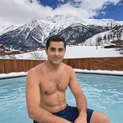 sitting in a heated outdoor pool, surrounded by snow, with a mountain backdrop