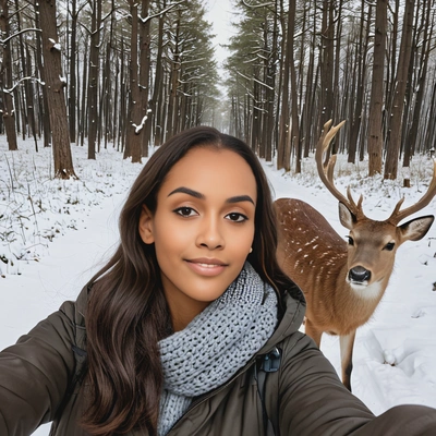selfie with a deer in a snowy forest 