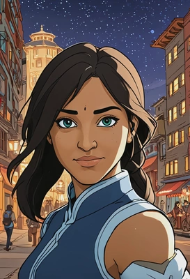 Hand-drawn flat cartoon style, Korra from Legend of Korra, dynamic outlines, oversized cartoon big sparkling eyes, elemental glow lighting, waist-up portrait, Republic City background