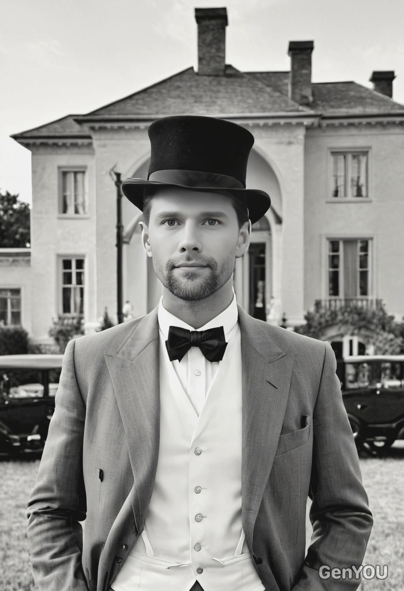  in a 1920s top hat, standing on a grand estate, captured in black and white