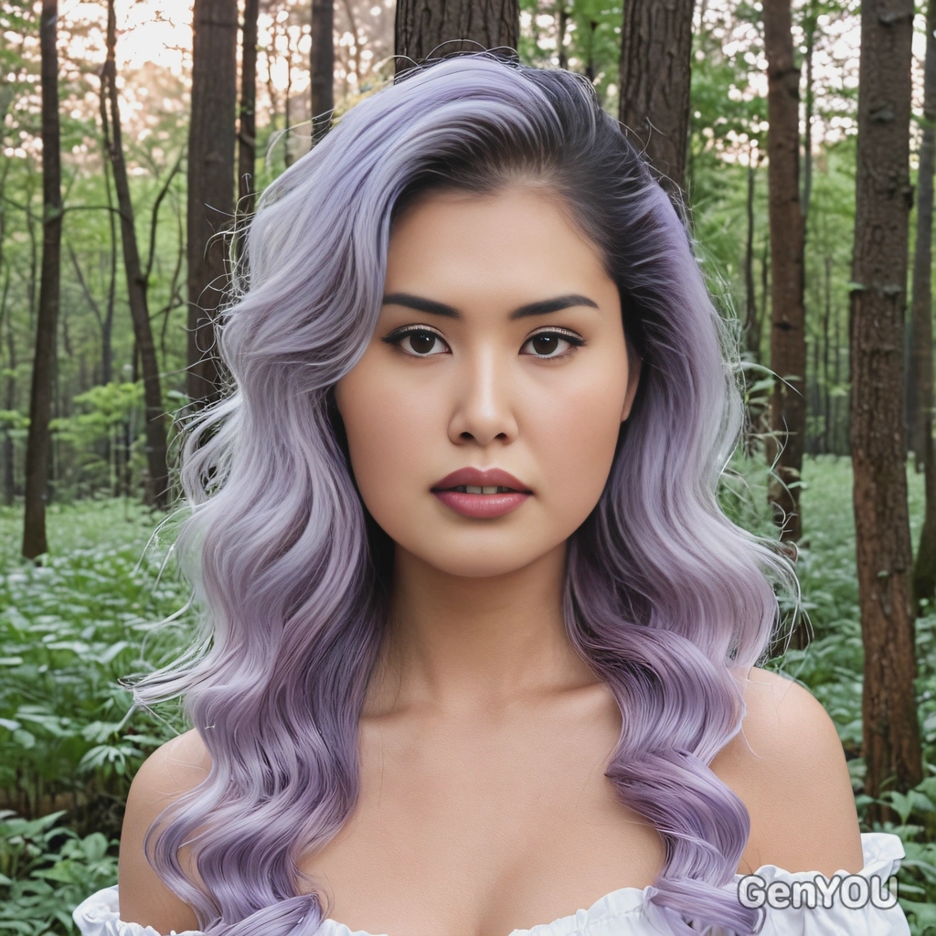 loose waves in pastel lavender fading into icy white tips, styled for a romantic flow, set in a magical forest background