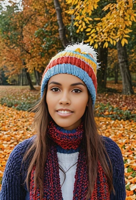 Faceless portrait with knitted hat, colorful autumn leaves