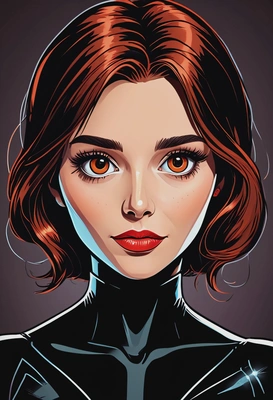 Hand-drawn flat cartoon style, Black Widow, bold outlines, oversized cartoon big sparkling eyes, spy gadget glow lighting, waist-up portrait, secret base background