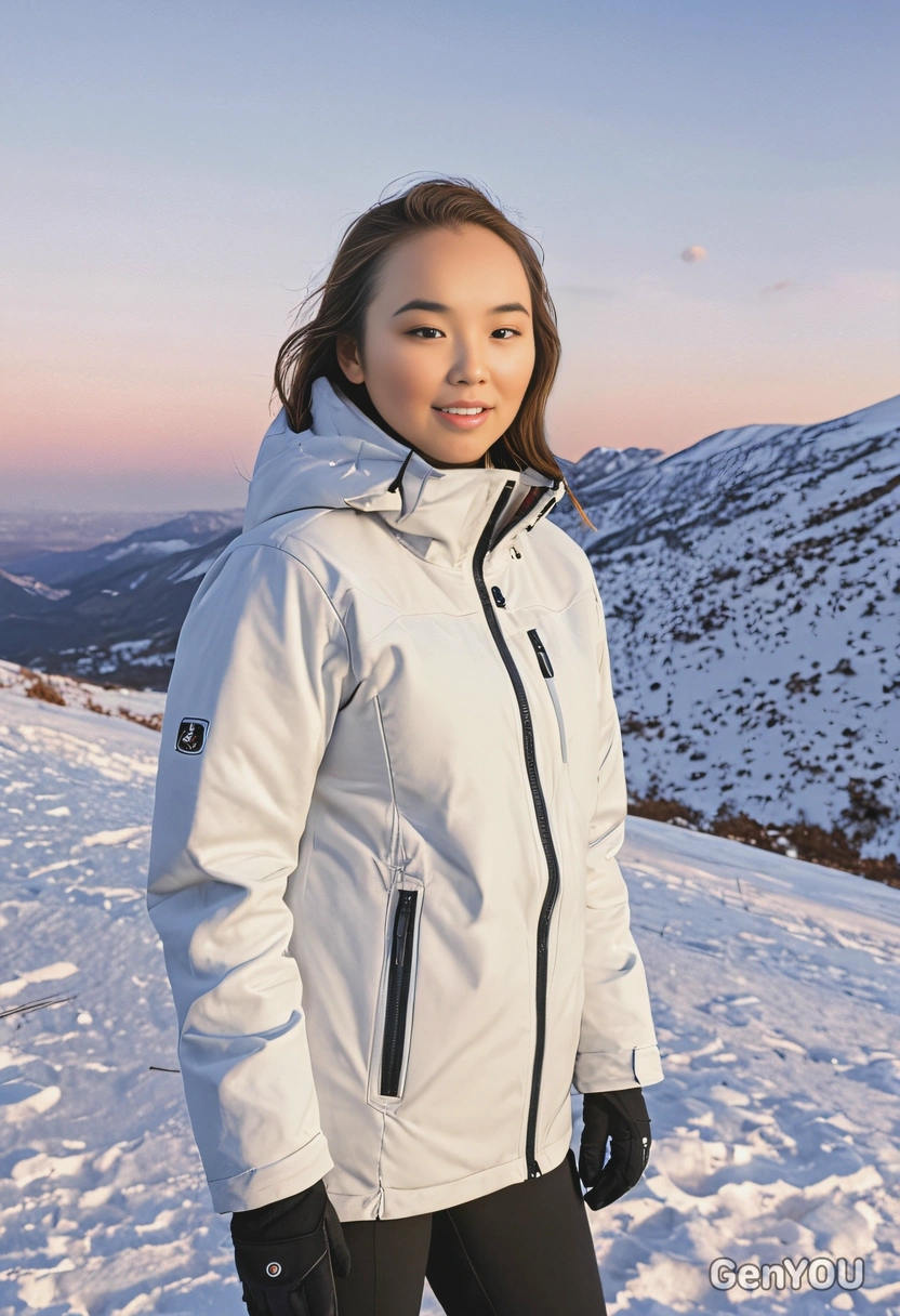 in a thermal jacket, standing on a snowy hill at sunrise