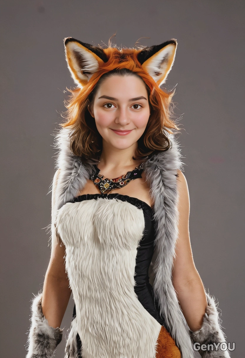 with animalistic fox features, adorned with fur and whiskers, fox ears and tail, full-body image