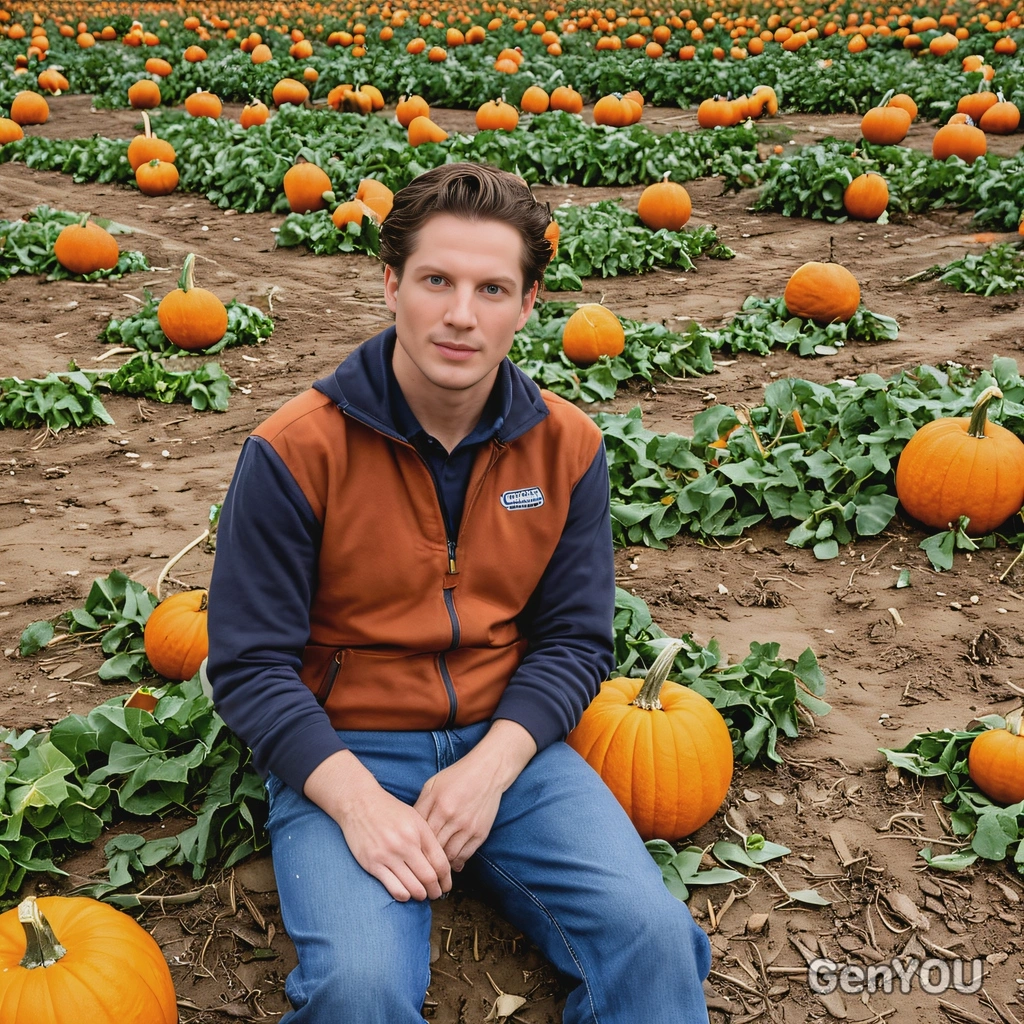 sitting on the ground, surrounded by pumpkins of various sizes at a farm
