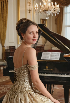 gracefully sitting posing by a grand piano in an opulent music room, exquisite shimmering dress, classic hairdo, cinematographic style, blurry background, professional shot, indoor lighting, soft shadows, light glare, golden hour
