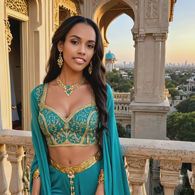 As Jasmine from Aladdin, wearing a teal harem outfit with golden jewelry, standing on a palace balcony overlooking a bustling city at sunset