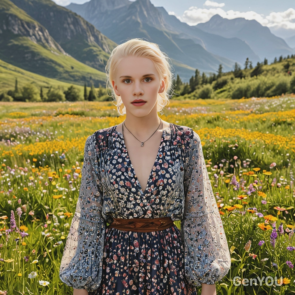 in a bohemian-style dress, standing in a meadow filled with wildflowers, with mountains in the distance and the warm spring sun illuminating the scene, half body portrait