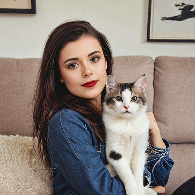 on a sofa with a cute cat 