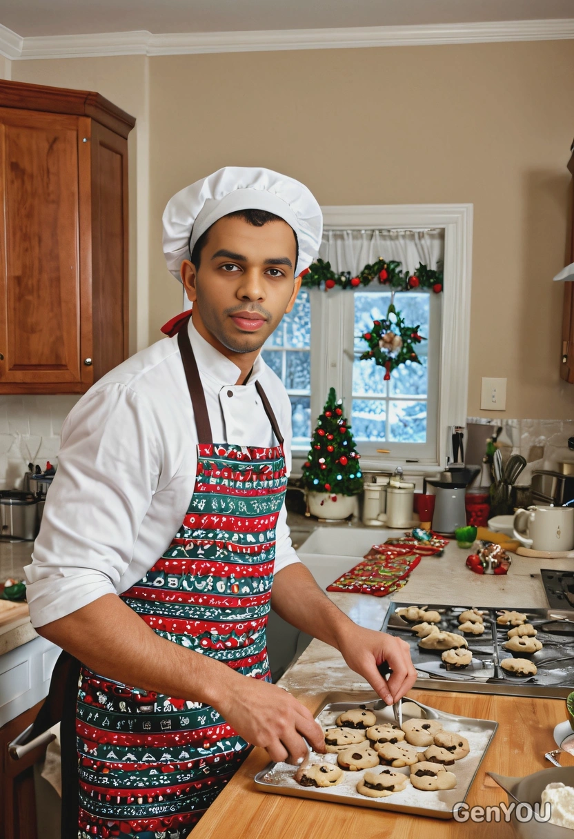 wearing a traditional holiday apron, baking Christmas cookies in a cozy kitchen filled with flour, cookie cutters, and freshly baked treats on the counter