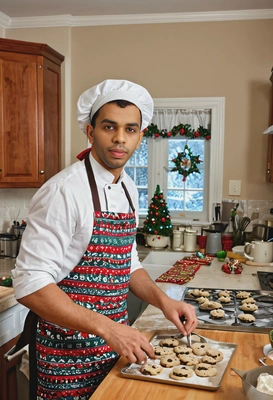 wearing a traditional holiday apron, baking Christmas cookies in a cozy kitchen filled with flour, cookie cutters, and freshly baked treats on the counter