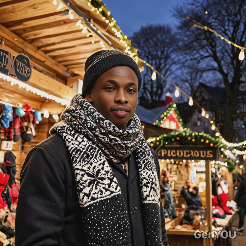 next to a Christmas market stall, wearing a cozy scarf and mittens, with festive lights twinkling in the background