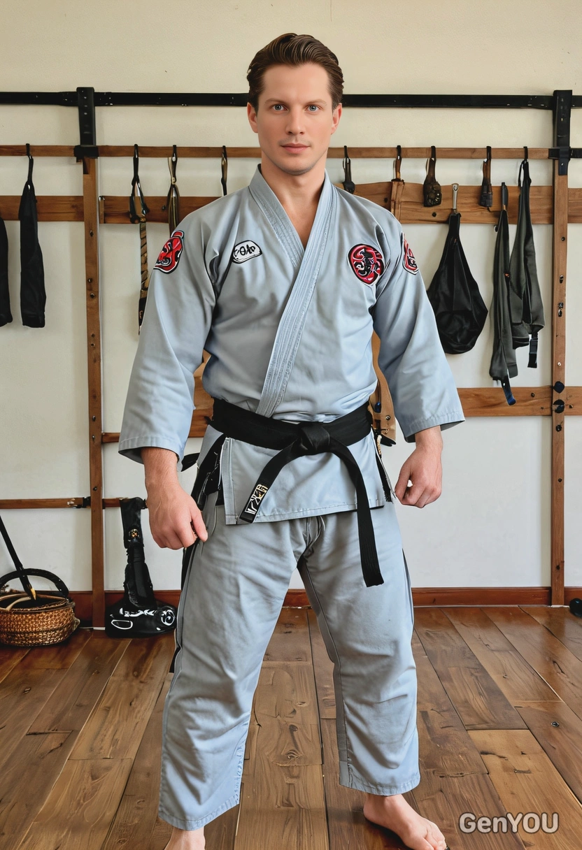 as a martial artist, wearing a traditional gi and black belt, standing in a dojo ready to spar, with wooden floors and weapons hanging on the wall.