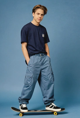 a 90s skater with baggy cargo pants and a graphic skateboard, giving a relaxed pose against a standard yearbook blue backdrop