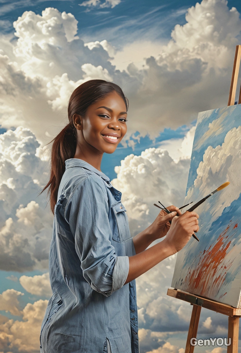 holding a paintbrush, standing near a canvas, painting on it, clouds around everywhere, blurred background, cinematographic style
