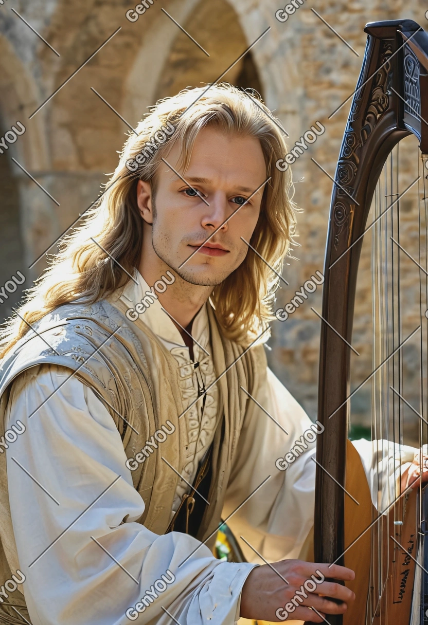 crisp face skin texture details, A graceful young nobleman musician from the late medieval period, dressed in soft flowing tunic and finely woven mantle, sits near a stone arch or in a castle garden, delicate features, long hair, a sense of courtly refinement and quiet sensitivity, blurry medieval harp at the background, bright sun rays from the window, long shadows