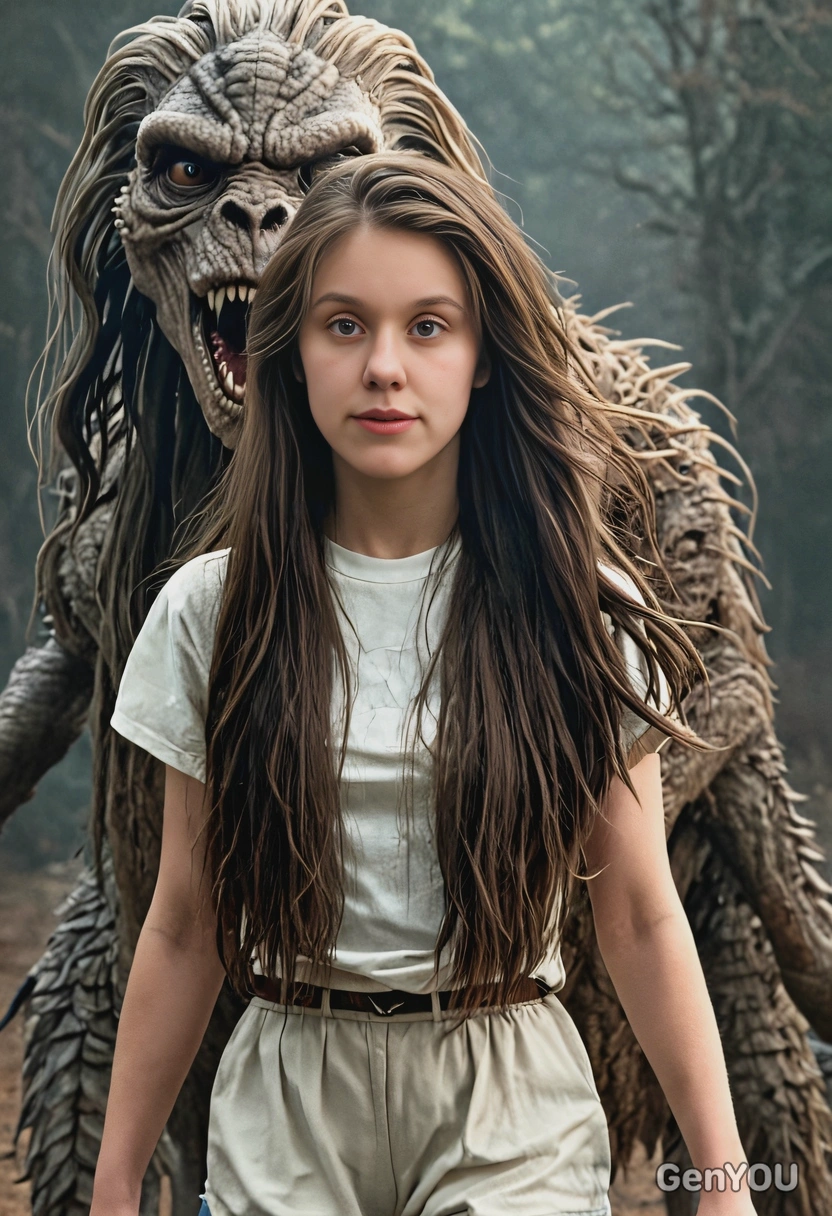 long hair pretty and scared being chased by a demogorgon from the show Stranger Things