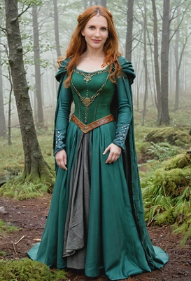 as Princess Merida from Brave, wearing a green medieval dress, standing in a misty Scottish forest, full body view