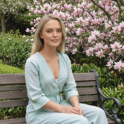 Circular headshot on garden bench with magnolias