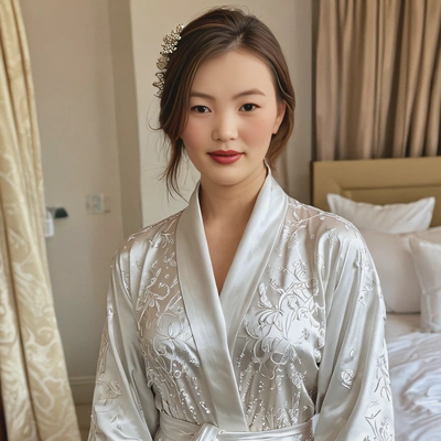 as a bride, in a beautifully decorated bridal suite, wearing a silk robe, half body view
